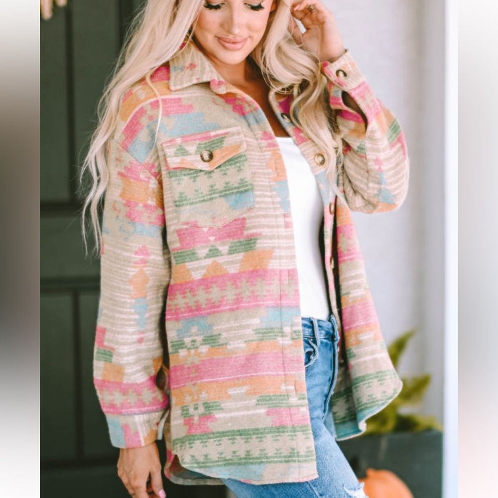 Western Multicolor Aztec Print Button Down Shacket - Picture 4 of 14
